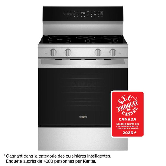 Whirlpool® Cuisinière électrique intelligente de 30 pouces avec technologie de cuisson à air, revêtement WipeClean™, auto-nettoyage/netoyage à la vapeur, préchauffage à grande vitesse et capacité de 5.3 pi cu YWFES7530RZ