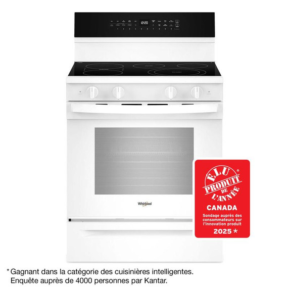 Whirlpool® Cuisinière électrique intelligente de 30 pouces avec technologie de cuisson à air, revêtement WipeClean™, auto-nettoyage/netoyage à la vapeur, préchauffage à grande vitesse et capacité de 5.3 pi cu YWFES7530RW