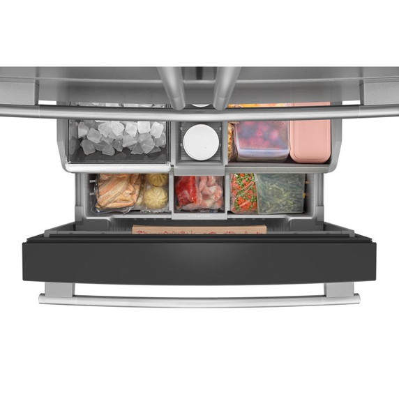 Kitchenaid® Réfrigérateur à portes françaises avec distributeur d’eau et de glaçons intérieur et tiroir réfrigéré pleine largeur FreshChill™ - 30 pi cu KRMF336SPS