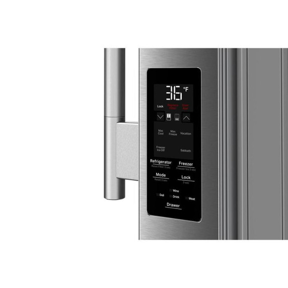 Kitchenaid® Réfrigérateur à portes françaises avec distributeur d’eau et de glaçons intérieur et tiroir réfrigéré pleine largeur FreshChill™ - 30 pi cu KRMF336SPS