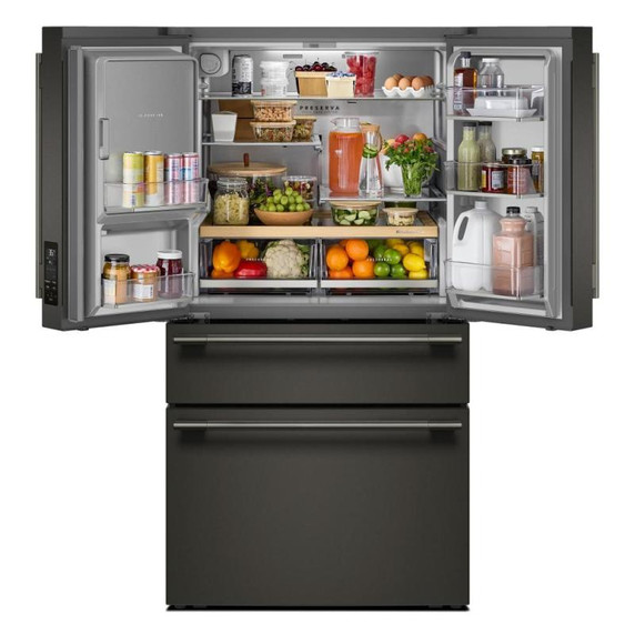 Kitchenaid® Réfrigérateur à portes françaises avec distributeur d’eau et de glaçons extérieur et tiroir réfrigéré pleine largeur FreshChill™ - 29 pi cu KRMF436SBE