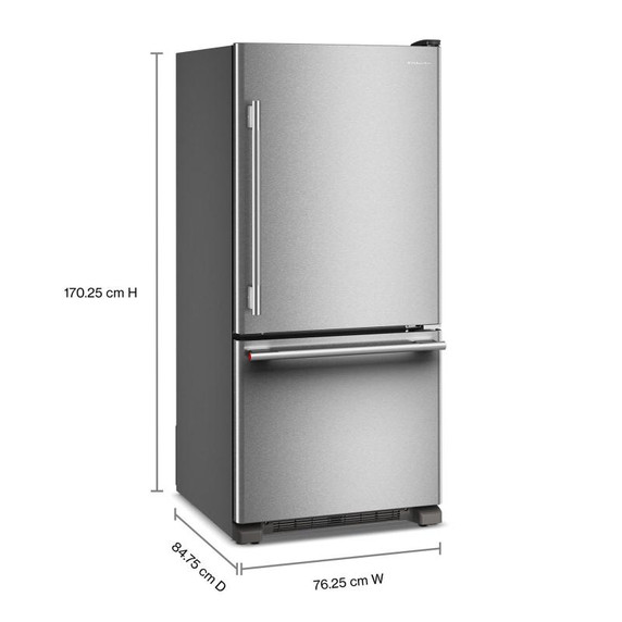 Kitchenaid® Réfrigérateur à congélateur inférieur et profondeur standard avec porte à charnière à droite de 19 pi cu - 30 po KRBR130SPS