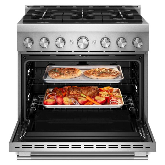 Cuisinière au gaz de style commercial à 6 brûleurs avec mode de friture à air sans préchauffage KitchenAid® de 36 po KFGS936SSS