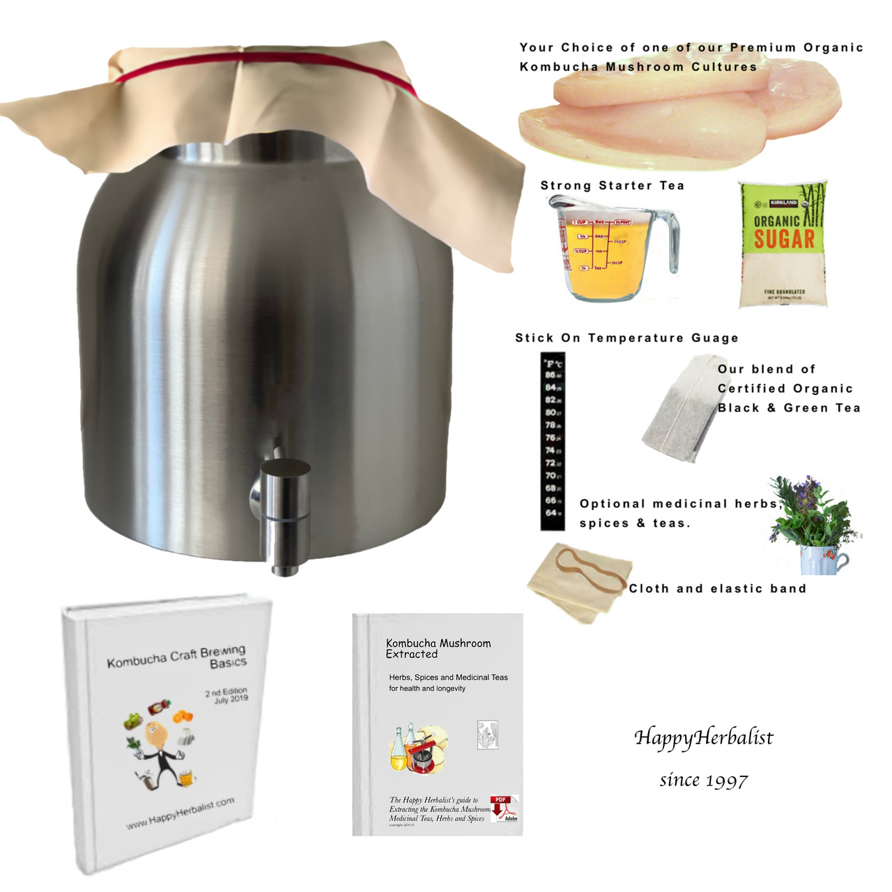 Complete Kombucha Continuous Brewing Kit. 2 Gallon Stainless Steel with  spigot