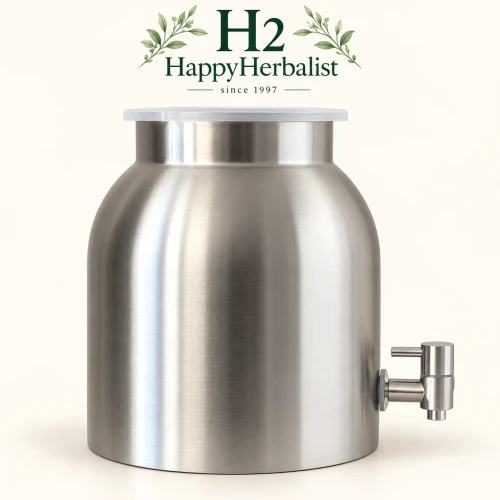 Lightweight, strong, durable Stainless Steel 2 Gallon Fermenter with Stainless Steel Spigot. Includes cloth cover. All your brewing needs at HappyHerbalist.com. Guaranteed Happiness since 1997. 