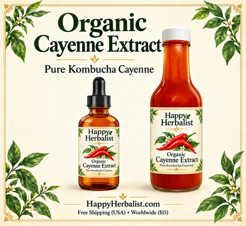 Kombucha Cayenne Extract in 2 fl oz Dropper Bottle. or 5 fl oz Shaker Bottle. Organic Cayenne Pure Brewed Kombucha Food Enhancer. All Natural and HOT. 180,000 HU organic, alcohol free, chemical free. buy  www.HappyHerbalist.comest 1997