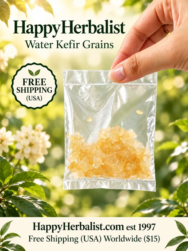 Start your Water kefir, Japanese Water Crystals, Ginger Beer. Simple start guaranteed satisfaction buy HappyHerbalist.com set 1997