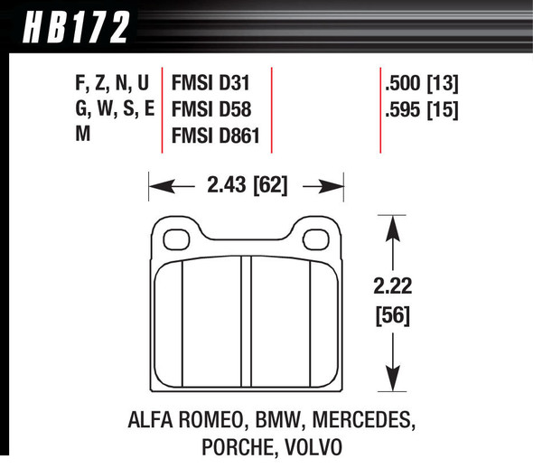 BRAKE PAD 64-00 EUROPEAN FRONT AND REAR (HAWHB172E595)