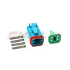 Blue Deutsch DT 4-way plug-side kit showing socket housing, wedgelock, and stamped solid socket contacts laid out. DT06-4S-TN07.