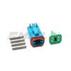Blue Deutsch DT 4-way plug-side kit showing socket housing, wedgelock, and stamped solid socket contacts laid out. DT06-4S-TN07.