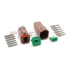 Brown Deutsch DT 6-way plug-side kit. DT06-6S-TN09 plug housing, W6S wedges, and six size 16 socket contacts. DT04-6P-TN09. DT04-6S-TN09.