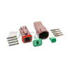 Brown Deutsch DT 4-way connector kit. receptacle, plug, W4P and W4S wedgelocks, and size 14 solid contacts laid out. DT04-4P-TN09. DT04-4S-TN09.