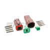 Brown Deutsch DT 4-way connector kit. receptacle, plug, W4P and W4S wedgelocks, and size 16 solid contacts laid out. DT04-4P-TN09. DT04-4S-TN09.