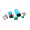 Blue Deutsch DT 4-way connector kit showing DT04-4P-TN07 receptacle, DT06-4S-TN07 plug, wedges, and four pin plus four socket contacts.