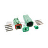 Green Deutsch DT 4-way connector kit components. Coloured housings for circuit identification in motorsport harnesses. DT04-4P-TN03. DT04-4S-TN03.