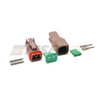 Brown Deutsch DT 2-way connector kit. Receptacle, plug, W2P and W2S. wedgelocks, and size 16 solid contacts laid out. DT06-2S-TN09. DT06-2P-TN09.