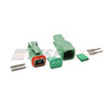 Green Deutsch DT 2-way connector kit components. Coloured housings for circuit identification in motorsport harnesses. DT06-2S-TN03. DT06-2P-TN03.