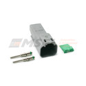 Deutsch DT 2-Way Receptacle Kit with Solid Pins. 14 to 16AWG solid formed nickel plated terminals - with green band.