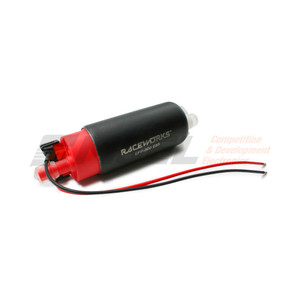 Raceworks inline inlet 340LPH in-tank pump showing wiring connector and outlet barb
