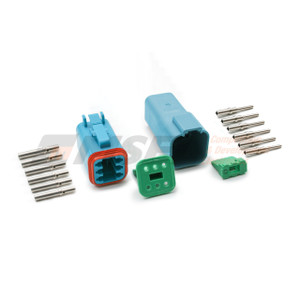Blue Deutsch DT series 6-way connector kit with silver sockets. DT06-6S-TN07. DT04-6P-TN07.