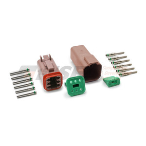 Brown Deutsch DT 6-way plug-side kit. DT06-6S-TN09 plug housing, W6S wedges, and six size 14 socket contacts. DT04-6P-TN09. DT04-6S-TN09.