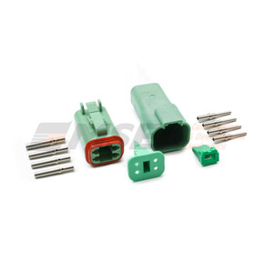 Green Deutsch DT 4-way connector kit components. Coloured housings for circuit identification in motorsport harnesses. DT04-4P-TN03. DT04-4S-TN03.