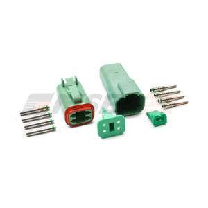 Green Deutsch DT 4-way connector kit components. Coloured housings for circuit identification in motorsport harnesses. DT04-4P-TN03. DT04-4S-TN03.