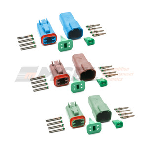DT 4-way connector kit showing DT04-4P-TN0X receptacle, DT06-4S-TN0X plug, wedges, and four pin plus four socket contacts.