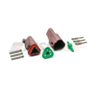 Brown Deutsch DT 3-way connector kit. Receptacle, plug, W3P and W3S wedgelocks, and size 14 solid contacts laid out. DT04-3P-TN09. DT04-3S-TN09.