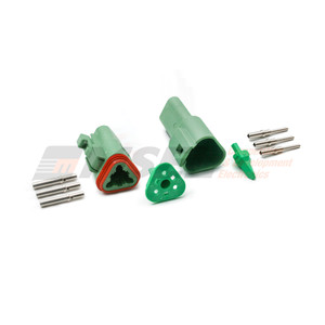 Green Deutsch DT 3-way connector kit components. Coloured housings for circuit identification in motorsport harnesses. DT06-3S-TN03. DT06-3P-TN03.
