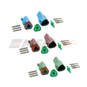 Colour Deutsch DT 3-way connector kit showing DT04-3P-TN07 receptacle, DT06-3S-TN07 plug, wedges, and three pin plus three socket contacts