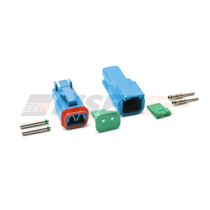 Blue Deutsch DT 2-way connector kit showing DT04-2P-TN07 receptacle, DT06-2S-TN07 plug, wedges, and two pin plus two socket contacts