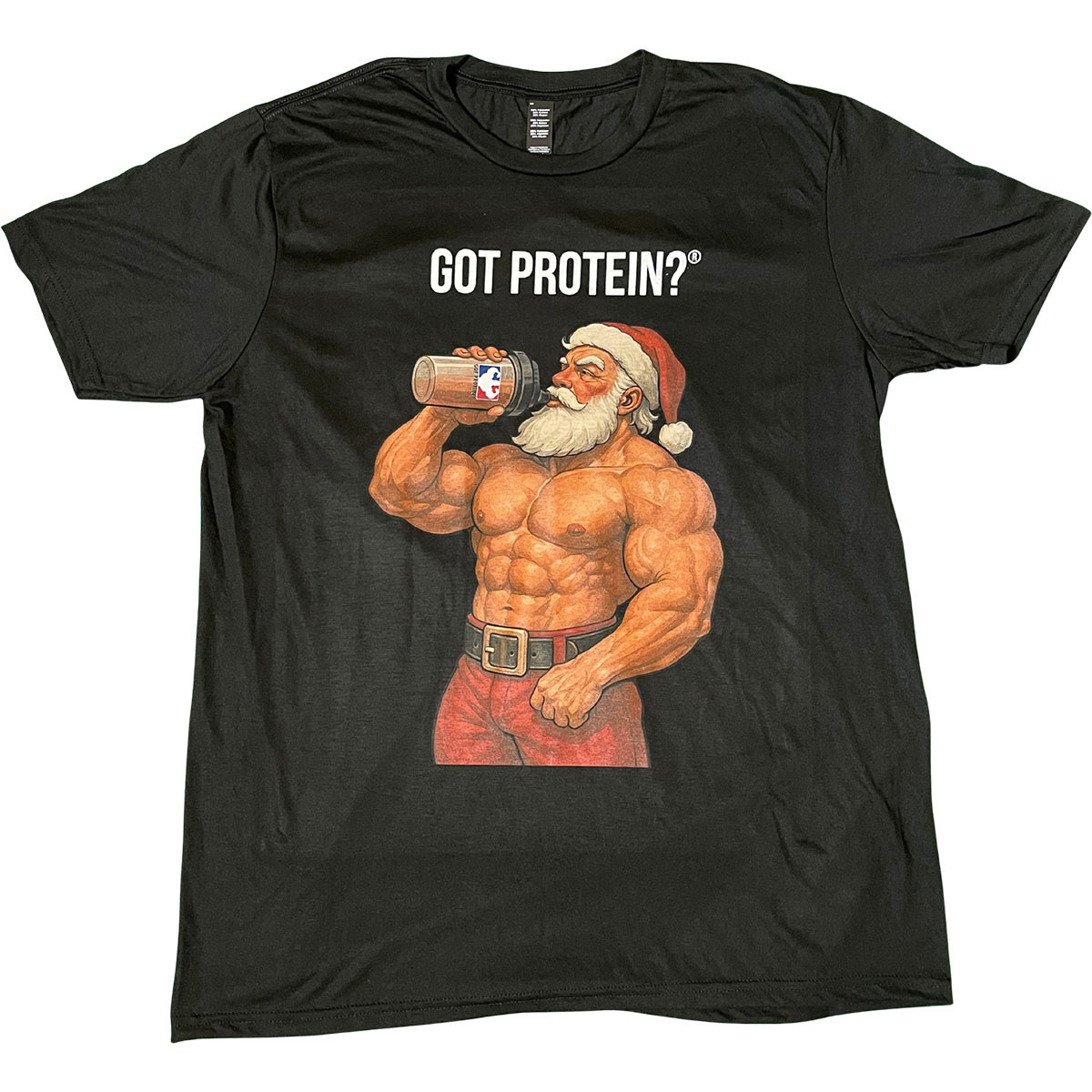Black GotProtein Christmas T-shirt showing muscular Santa drinking a protein shake with bold GOT PROTEIN? text above