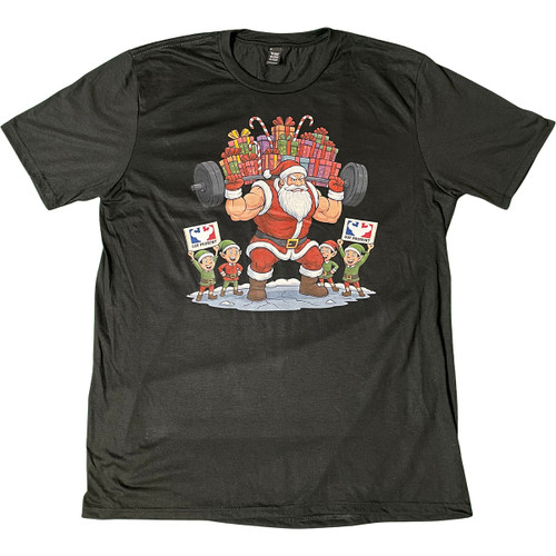 Black GotProtein Christmas T-shirt featuring muscular Santa lifting a barbell loaded with gifts while elves cheer beside him