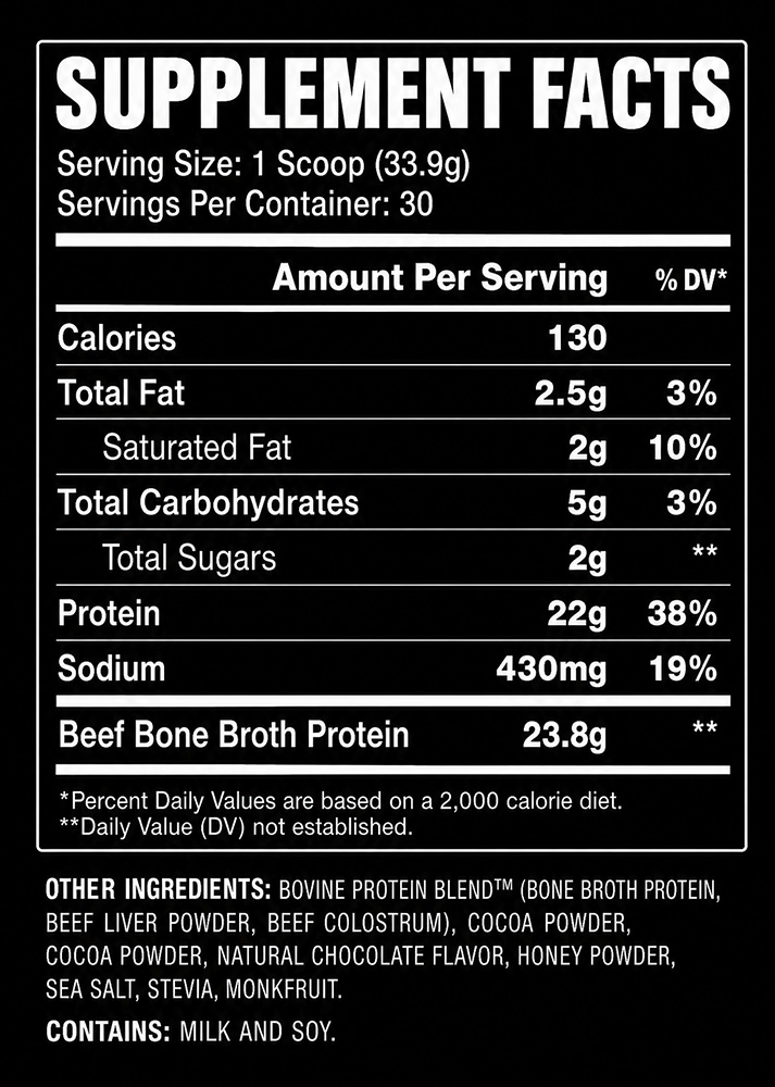 CUTS Pre-Workout Supplement Facts Got Protein? Bone Broth Protein Powder Supplement Facts