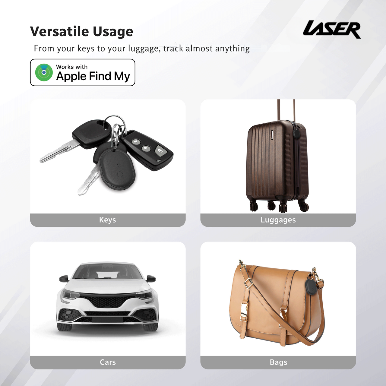 Laser Smart Tag Apple Find My tracker used for keys luggage cars and bags