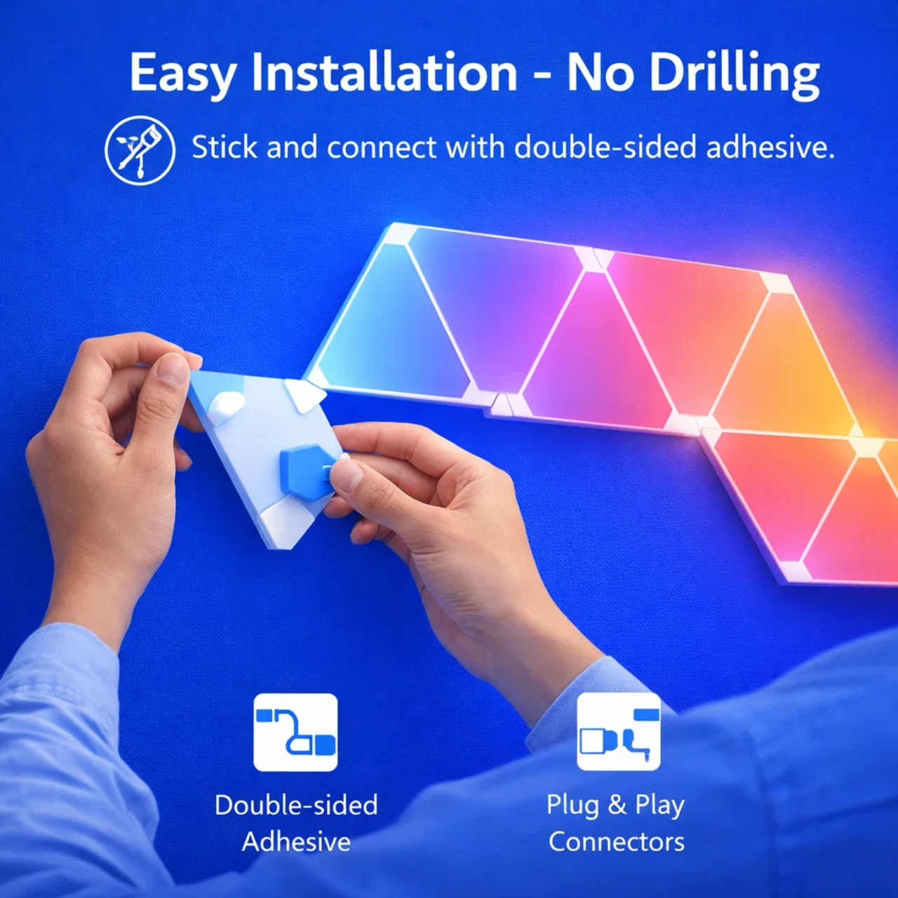 Laser Smart Home Smart DIY Triangle Light Wi-Fi RGB 10 Pack with double-sided adhesive and plug-and-play connectors for easy installation