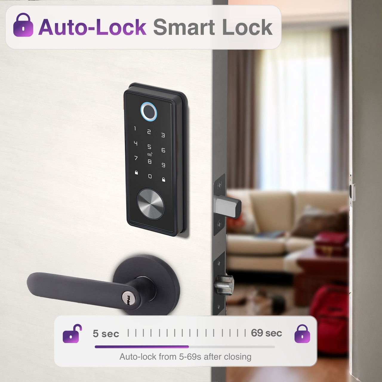 Connect SmartHome smart deadbolt feature graphic showing auto lock timing