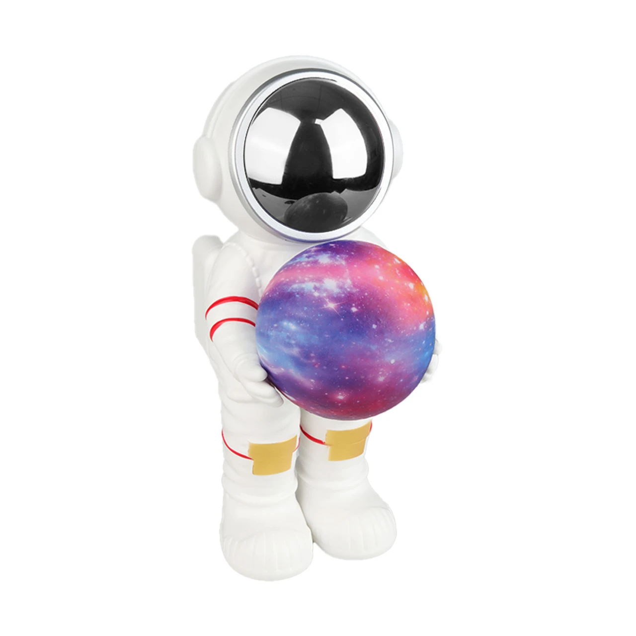 Laser white astronaut Bluetooth speaker holding a galaxy glow light on a white background