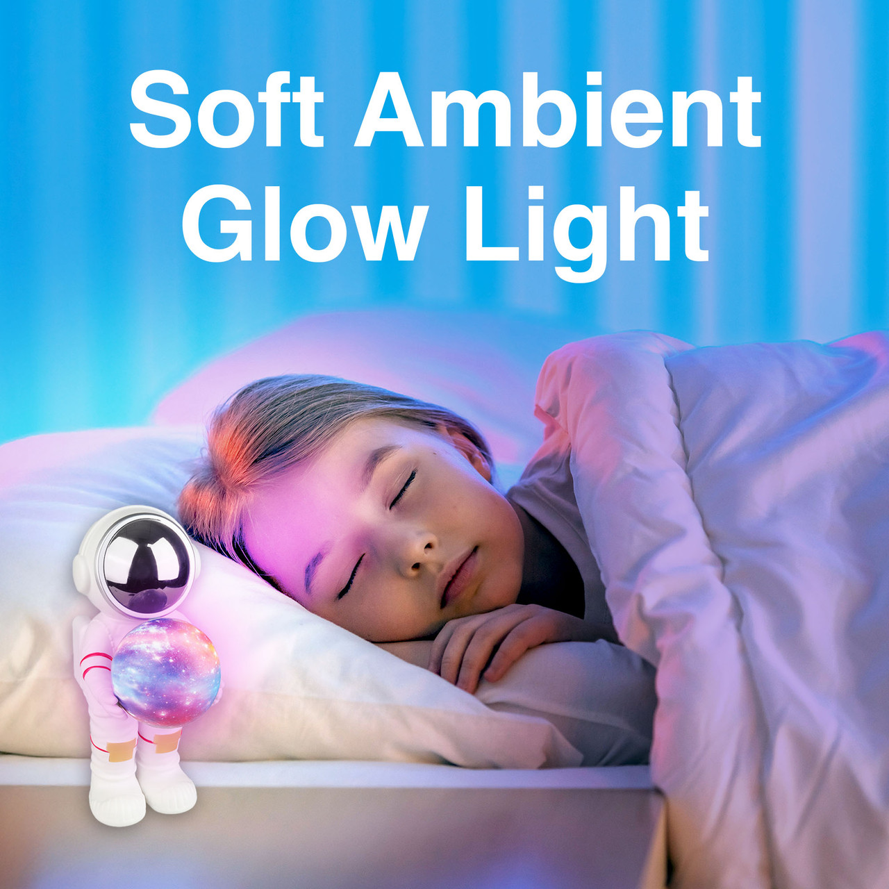 Laser astronaut speaker beside a sleeping child with soft ambient glow light