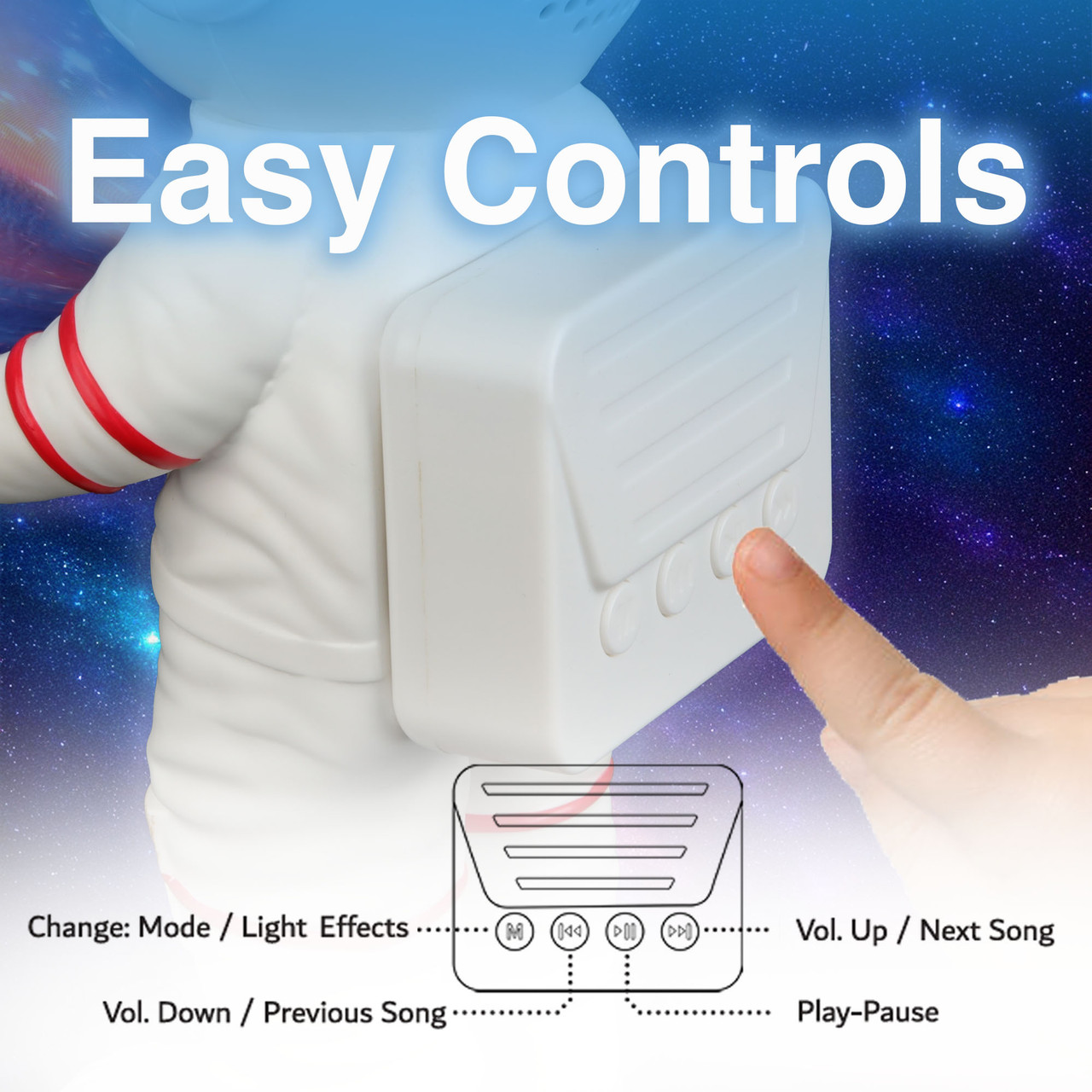 Laser astronaut speaker rear control buttons for mode, light effects, volume and playback