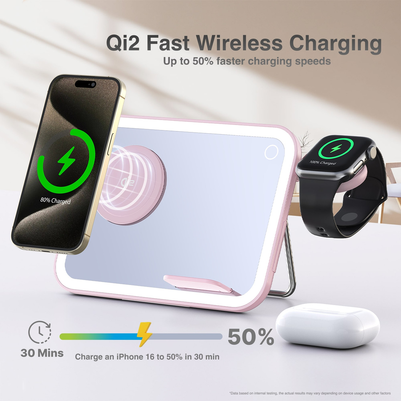 Pink Laser makeup mirror 3 in 1 wireless charger for Mother&rsquo;s Day gifting