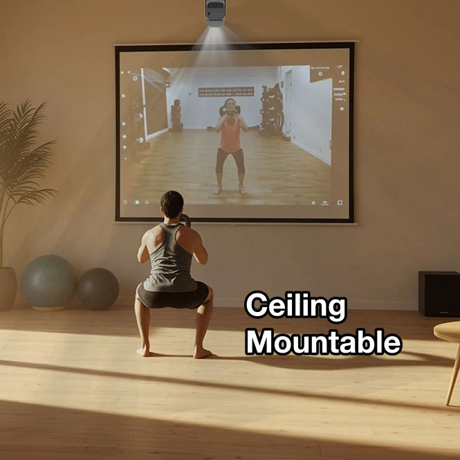 Laser projector displaying fitness content in a home exercise space