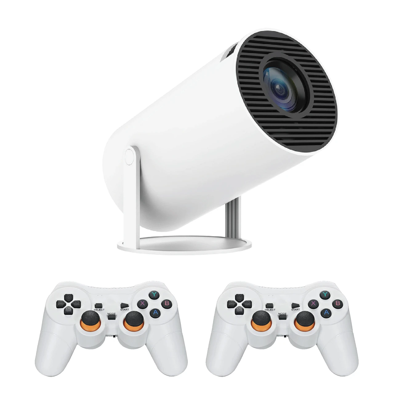 Laser smart gaming projector with two wireless controllers on white background