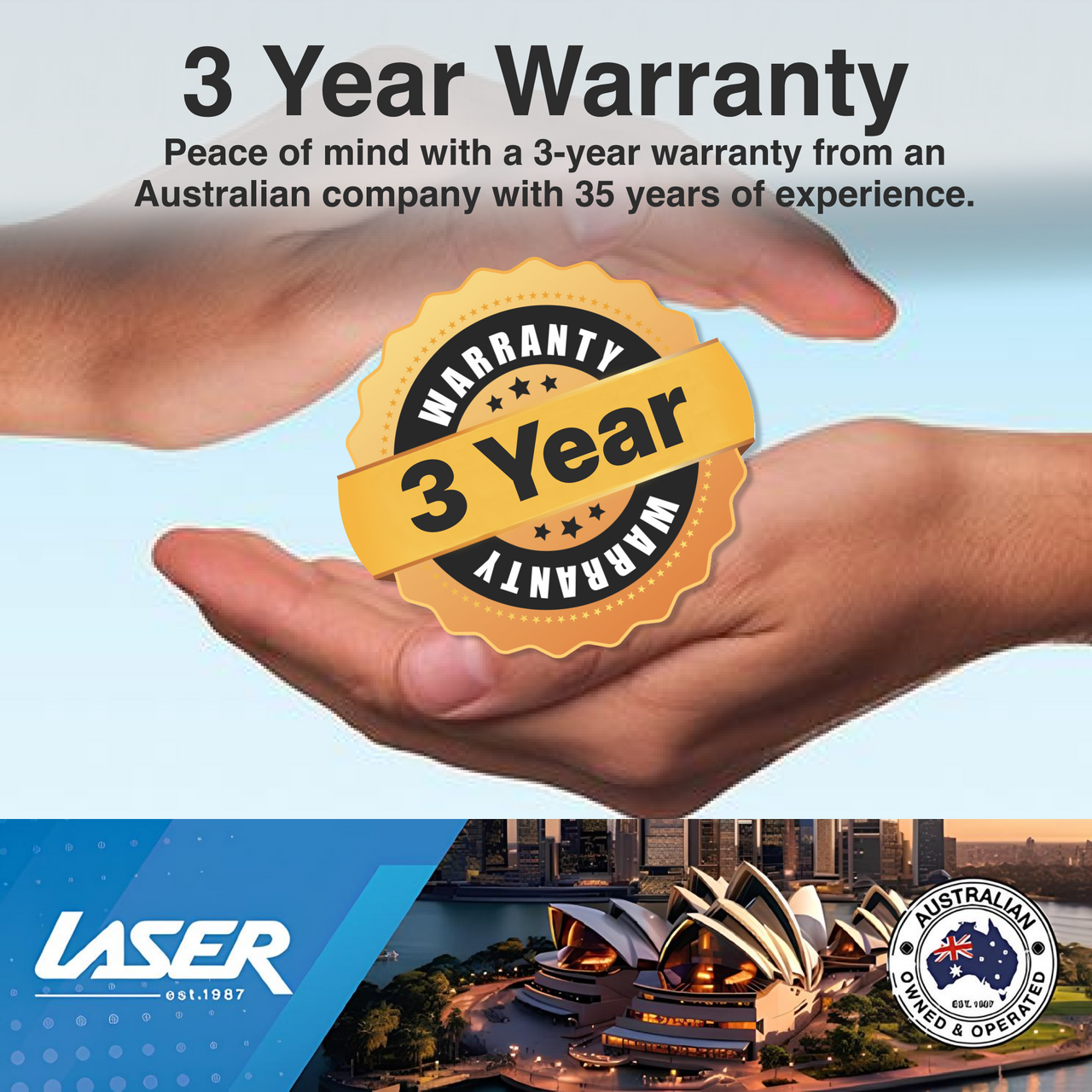 Laser 3 year warranty promotional image with Australian brand message