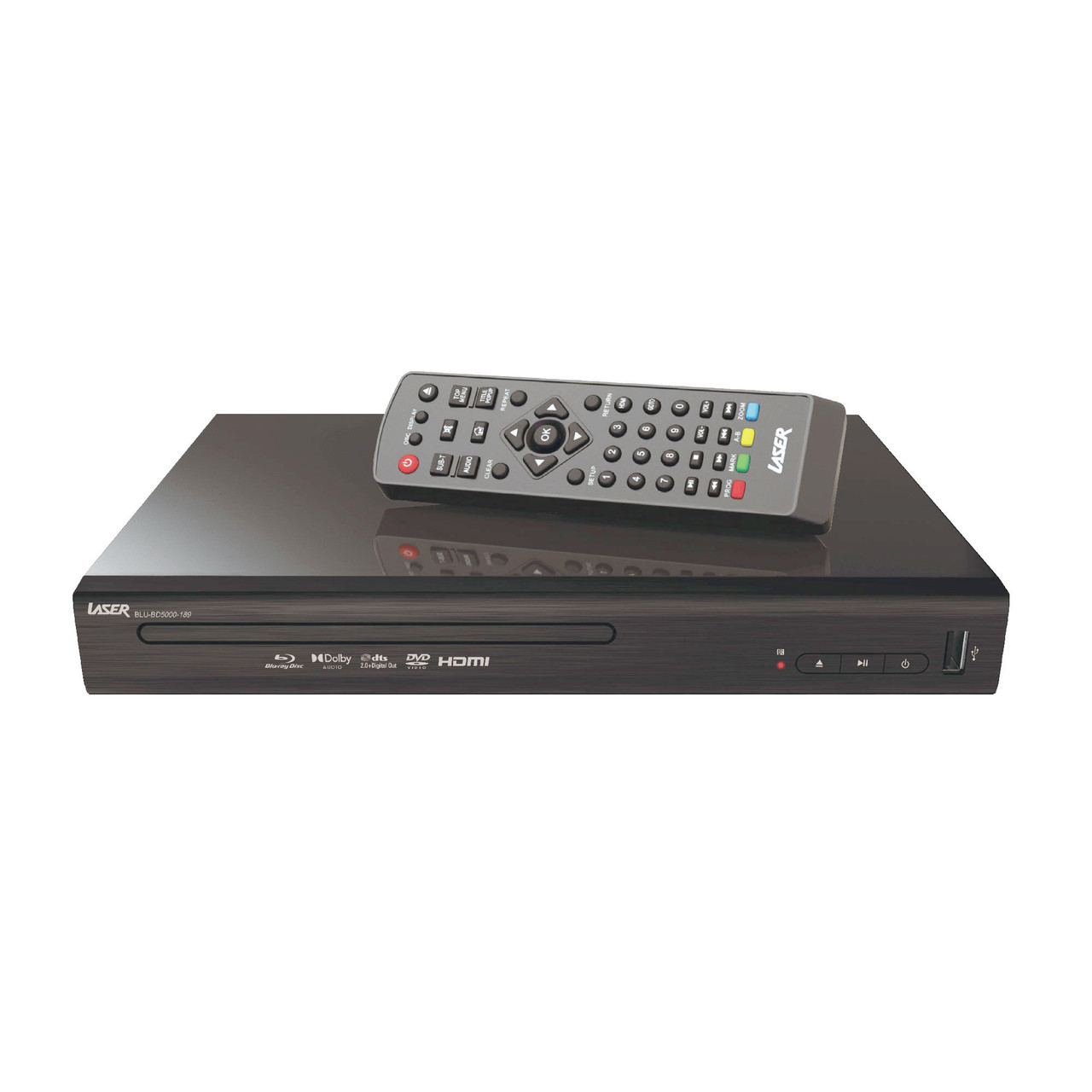 Laser BLU-BD5000-189 multi region Blu-ray player front view with remote on top on a light background