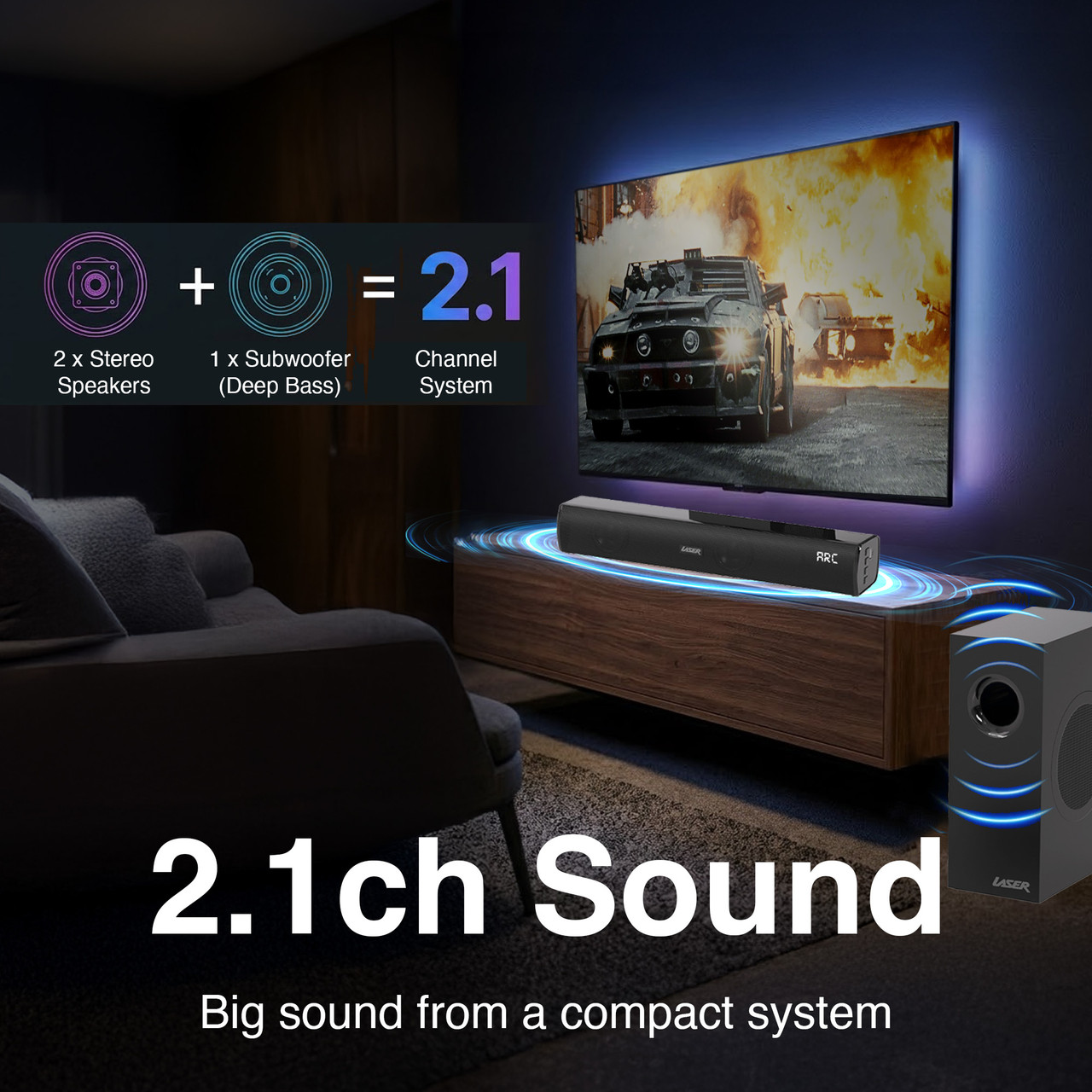 Laser 2.1CH soundbar and wired subwoofer for compact TV sound