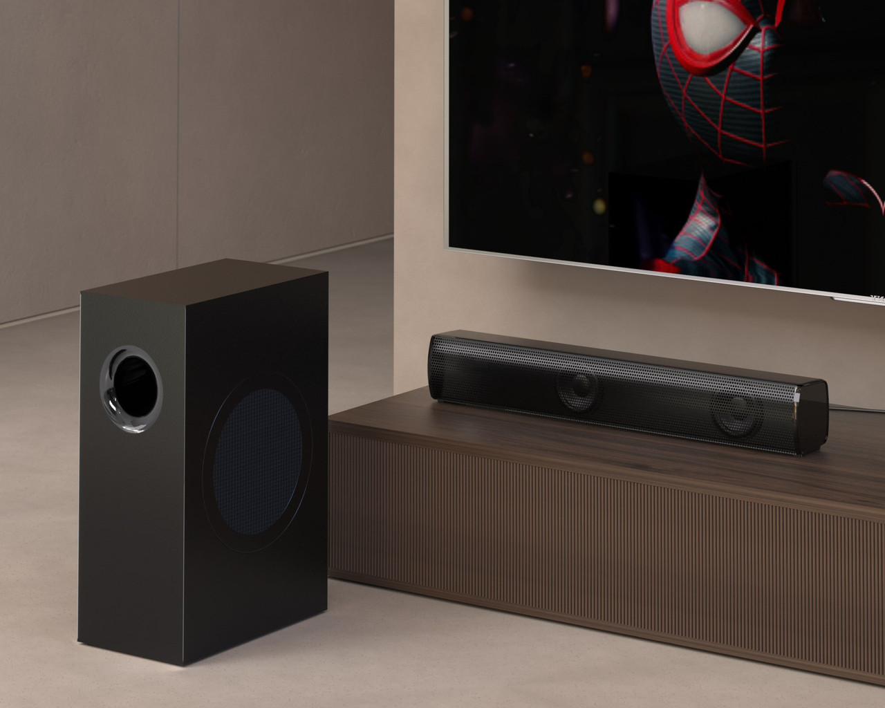 Laser 2.1CH TV soundbar with wired subwoofer in a home entertainment setup