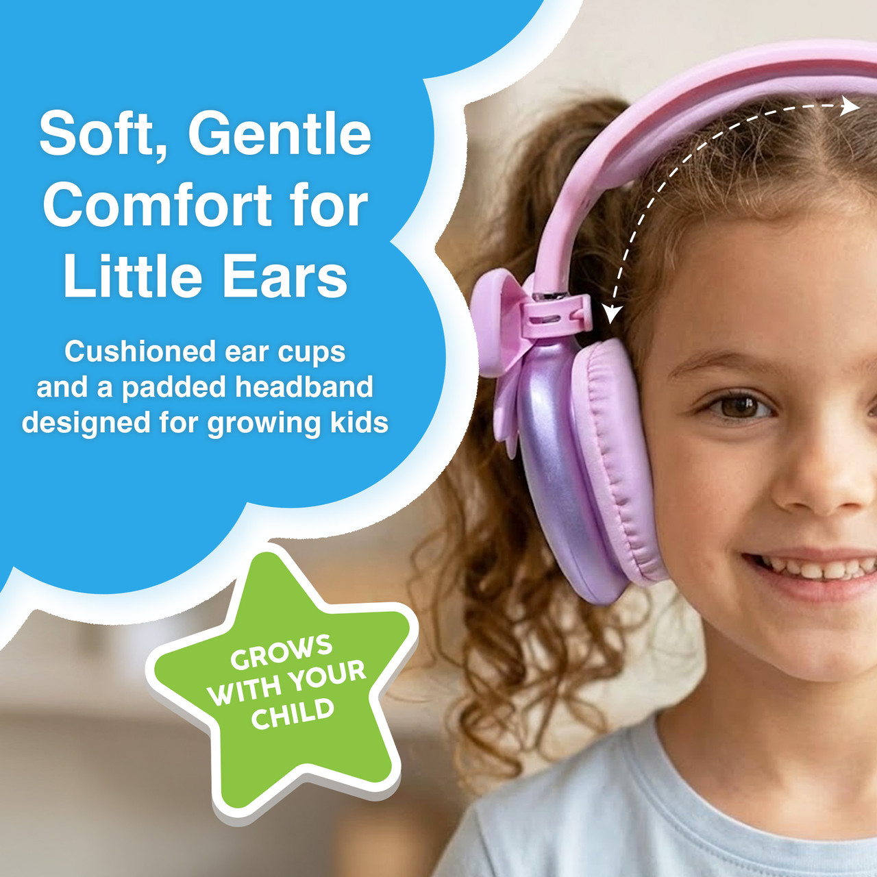 pink kids headphones showing soft ear cups and padded headband
