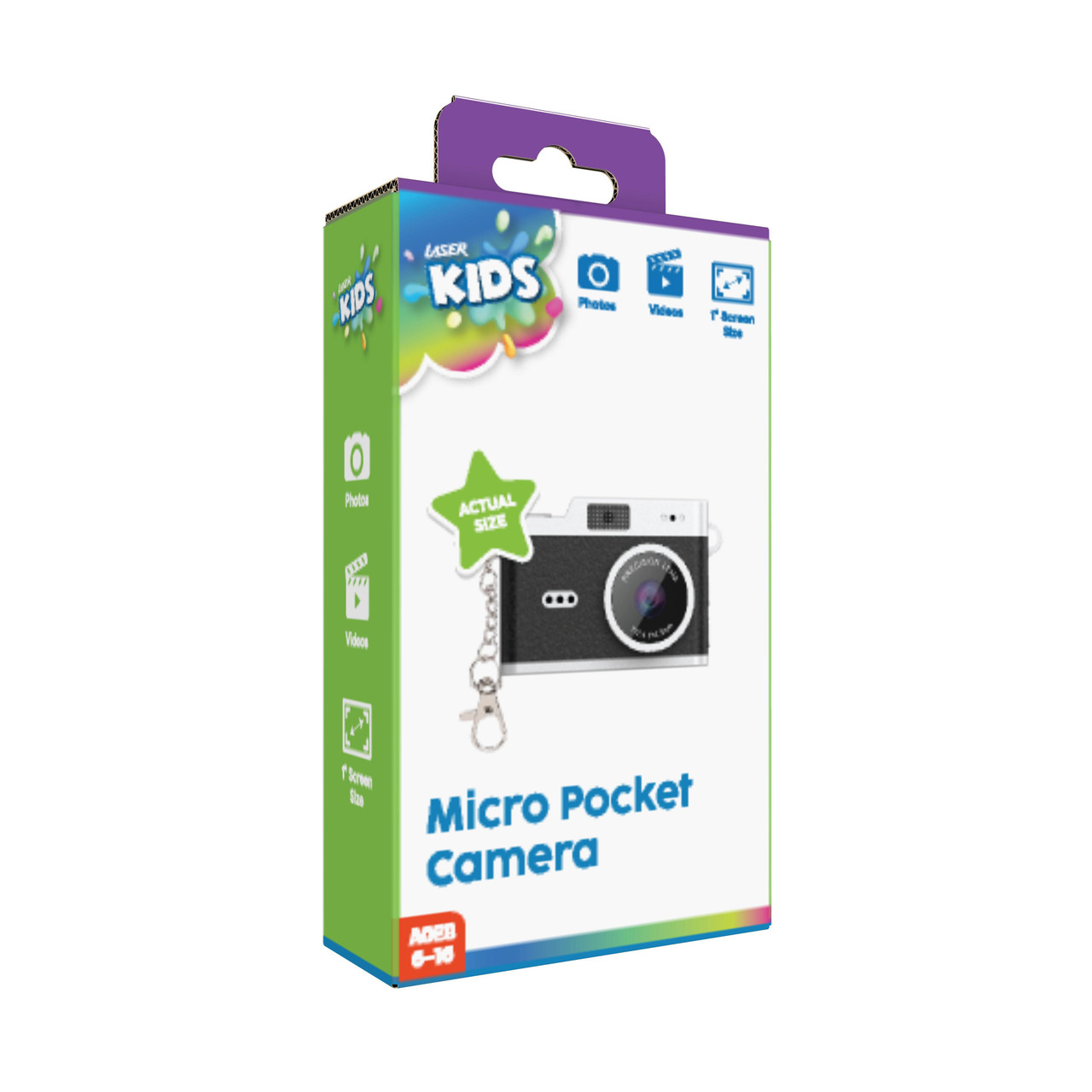 Laser Kids black micro pocket camera retail packaging front view